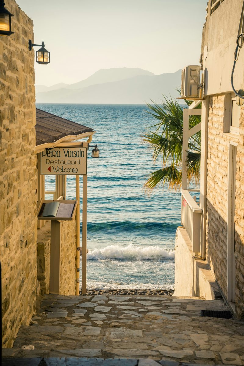 matala beach view through the village